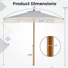 7Ft Patio Umbrella With Fringe, 2-Tier Outdoor Boho Umbrella With Tassels, Wood-Grain Aluminum Pole, Sun-Protective Canopy, 8 Ribs For Deck Backyard Poolside - Blue - View 7