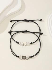 ATLVXJL 2pcs/Set Glow-In-The-Dark Couple/Friendship Starry Heart Pendant Bracelets, Black Cord, Suitable For Daily Wear And Holiday Gift - Multicolor - View 7