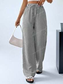 Tall Pantalones largos de mujer casuales de uso diario con estampado a rayas y estampados para primavera/verano - Negro 2 - Ver 4