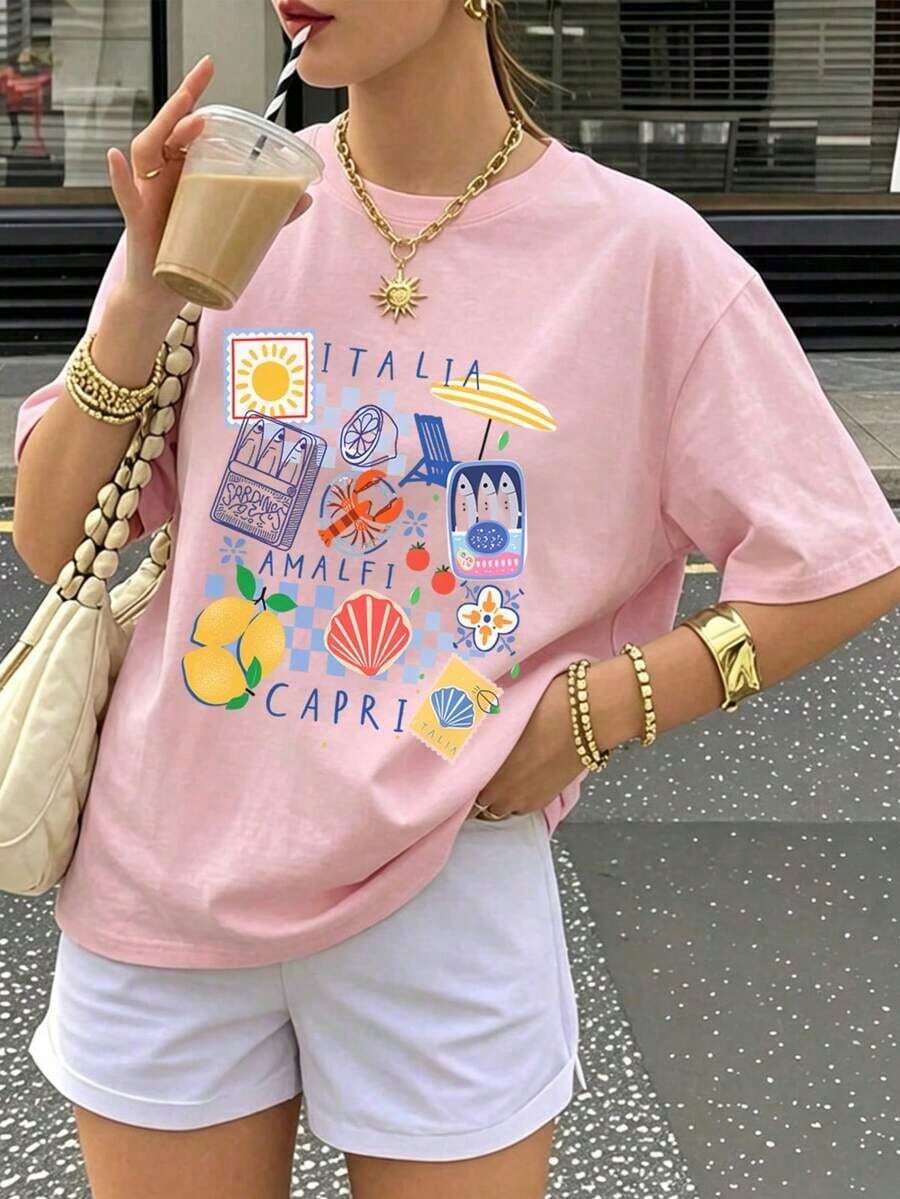 Women's "European Summer" Aesthetic: Capri And Amalfi Island Lemon Print T-Shirt. Vintage Italian Style Holiday Top. Beach And Vacation Wear. Casual - 粉色 - 查看 1