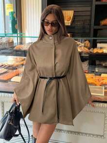 Abrigo de lana con cuello alto, mangas de murciélago, cintura ceñida para mujer en otoño/invierno - Camel - Ver 1