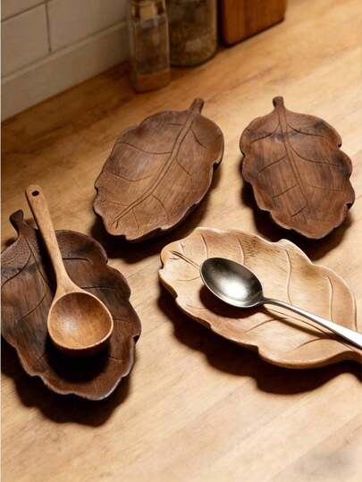 1 pieza Soporte para utensilios de cocina con estilo de hoja de bambú, estante para cucharas, soporte para cucharas de sopa hechas a mano con diseño de hoja vintage, bandeja para cucharones, bandeja de almacenamiento para utensilios de cocina, plato para reposar cucharas de café y postre, regalo ideal para el Día de la Madre y festivales
