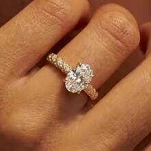 Nhẫn đính hôn hình oval mạ vàng 18K đính đá Zirconia, trang sức cao cấp dành cho nữ. - Vàng - Xem 4