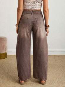 Women's Button Waist Design Pocket Tapered Casual Jeans - Café integral - Ver 3
