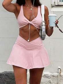 WBKV Conjunto de 2 piezas de mujer de verano amarillo, estilo deportivo y casual, sexy, con camiseta de tirantes y falda de cintura alta con forro de pantalón corto, adecuado para correr, hacer ejercicio, yoga, gimnasio - Rosa - Ver 9