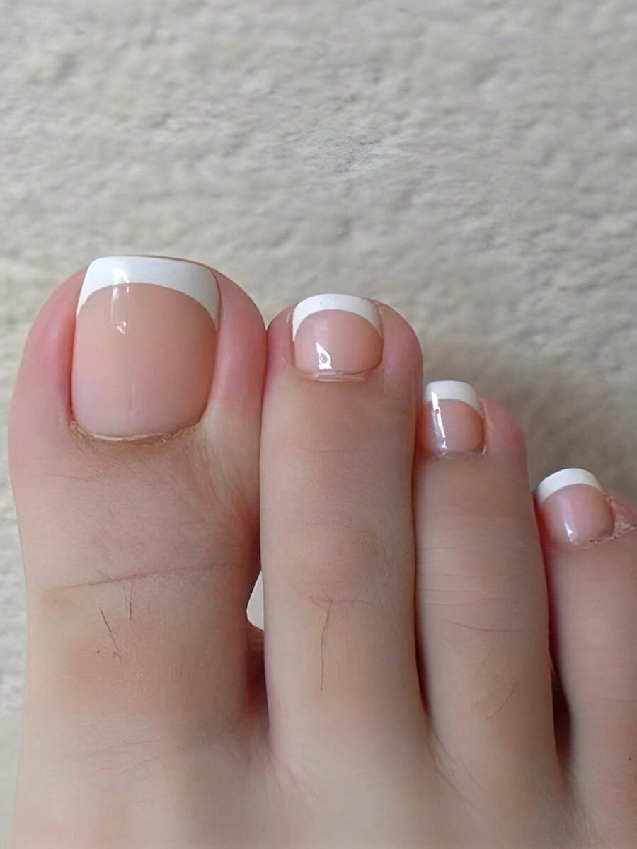 Bộ 24 miếng dán móng tay ngắn hình vuông tối giản màu hồng nude, đầu móng trắng kiểu Pháp, thích hợp cho tiệc tùng, khiêu vũ, sử dụng hàng ngày. - Màu Hồng baby - Xem 1