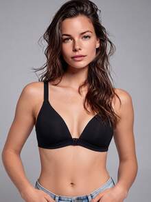 3 piezas Sujetadores de algodón sólidos con cierre frontal cómodo y sin cables, con copas suaves y tirantes ajustables para mujeres con escote en V - Multicolor - Ver 4
