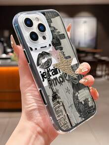 1pc Black Frame Transparent Minimalist Lens Protection Anti-Fall Anti-Collision Black & White City Leopard Print Star Fragment Pattern Phone Case, Personalized For IPhone 16 Pro Max, 17/16/15/14 Plus, 13/12/11, Air - Multicolor - View 3