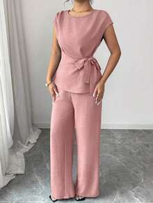 azul plisada con lazo ajustable en la cintura y pantalones anchos de tiro alto con bolsillos, conjunto elegante y casual para la oficina - Rosa - Ver 5