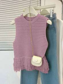 Top de punto sin mangas de cuello redondo de unicolor, versátil para el verano - Rosa vieja - Ver 2