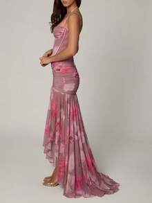 Women's Short Printed Strappy Dress - High Waist With Side Slit, Beachy Holiday Style - New Arrival Summer 2026 - 粉色 - 查看 5