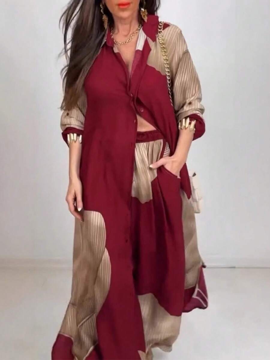 Traje casual de manga de siete puntos, blusa estampada, pantalón elegante, juego de dos piezas - Rosa Oxidada - Ver 1