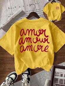 Camiseta de manga corta con cuello redondo y estampado de letras, de uso casual y versátil para uso diario - Amarillo - Ver 7