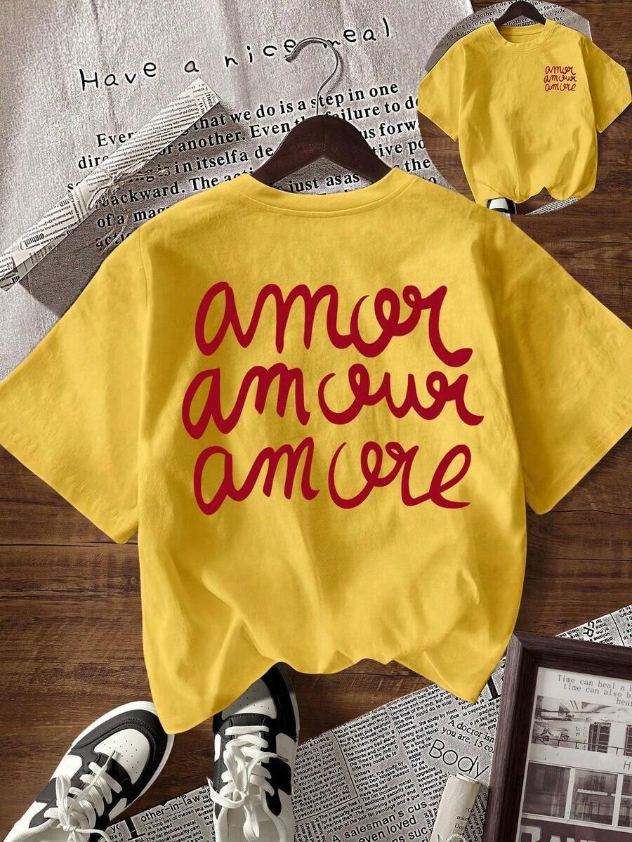 Women's Casual T-Shirt With Letter Print, Round Neck And Short Sleeves, Summer, Christmas - Kuning - View 1
