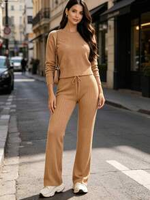 Knitted Set, Women's Long Sleeve Knitwear, Women's Fashion, Casual, Urban, Party, Nightclub, Comfortable - 卡其色 - 查看 2