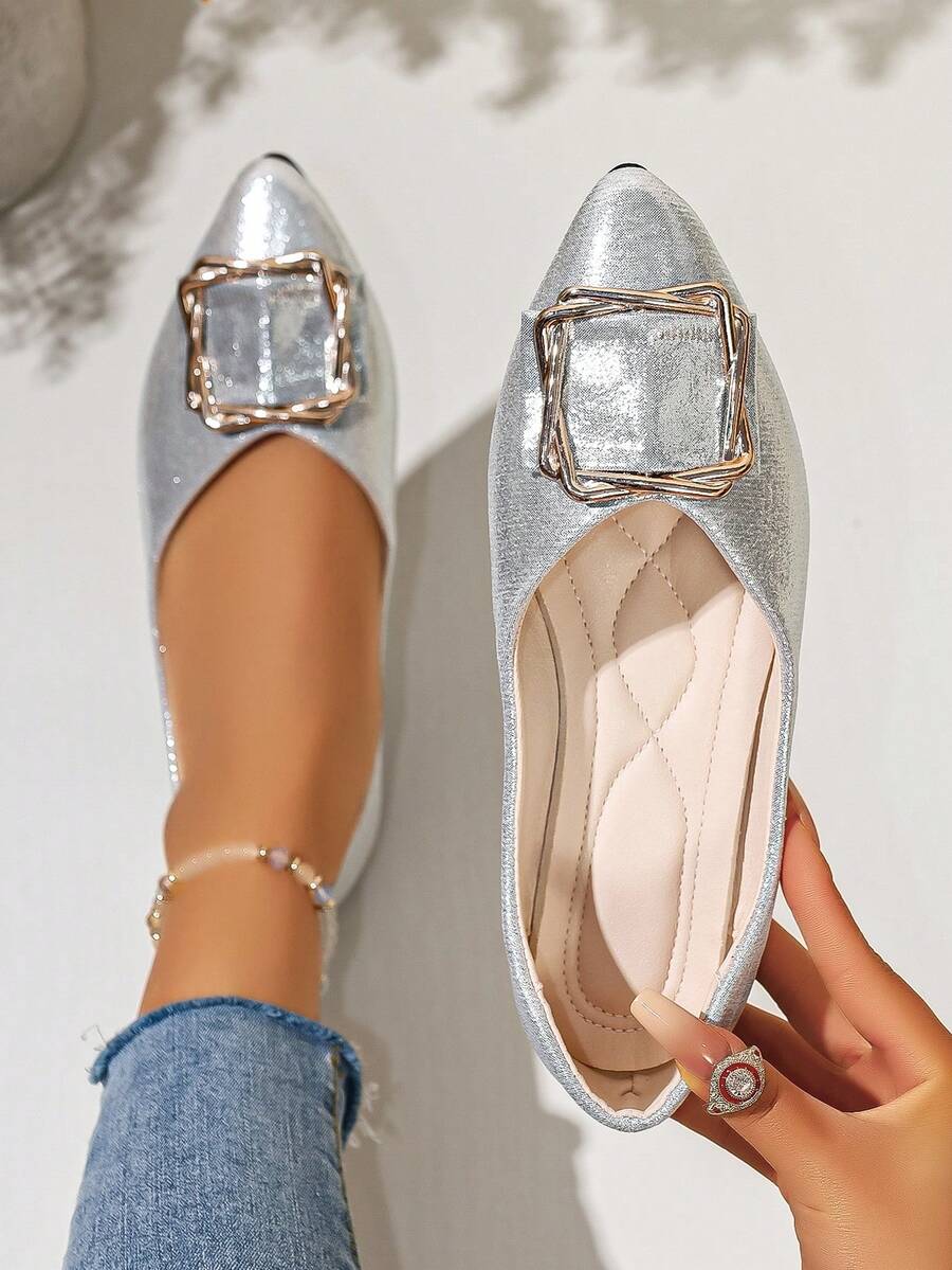 Giày búp bê mũi nhọn nữ, kiểu dáng slip-on, khóa cài thoải mái, phù hợp cho mùa xuân và mùa thu, cỡ lớn. - Bạc - Xem 1