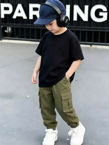 Set de 2 piezas Camiseta de manga corta de unicolor y pantalón cargo de múltiples bolsillos para niños pequeños de 4 a 7 años, para primavera/verano/otoño - Multicolor - Ver 6