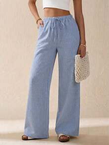 Pantalones largos de rayas con cintura de cordón para uso diario, atuendos de mujer de verano casuales - Azul - Ver 7