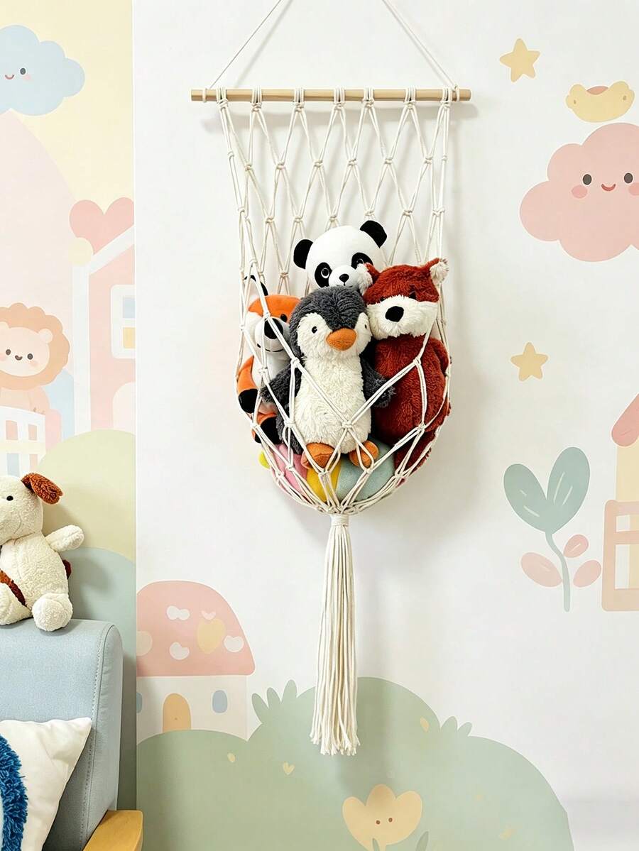 1 chiếc võng treo đựng thú nhồi bông dễ thương cho phòng trẻ em, làm bằng vải macrame, dùng để đựng đồ chơi nhồi bông. - trắng - Xem 1