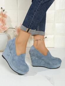 Fashion Platform Slip-On New Minimalist Spring/Autumn Outdoor Plus Size Women's Wedge Heel Thick Bottom Pumps (Shoes Run Small By 1 Size) - Blue - View 3