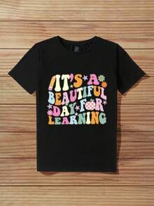 Casual Minimalist Teacher's Day "It's A Beautiful Day" Print Loose Round Neck Short Sleeve T-Shirt For Women, Suitable For Summer, Cotton Blend Suitable For Going Out,Casual woman Todo tipo de impresiones, chaqueta, camiseta de cuello redondo, casual, para oficina, para viajar, muy popular, viento deportivo, estampado/patrón, camiseta de algodón 100%, camiseta casual, cómoda, suave, transpirable The latest popular bestseller - Negro - Ver 3