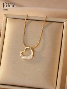 Hihho 1 pièce Collier pendentif cœur creux pour femmes, chaîne serpent élégante de luxe en ton or et argent, convient pour le trajet, les rendez-vous, les fêtes et plus d'occasions - Coeur creux - Voir 3