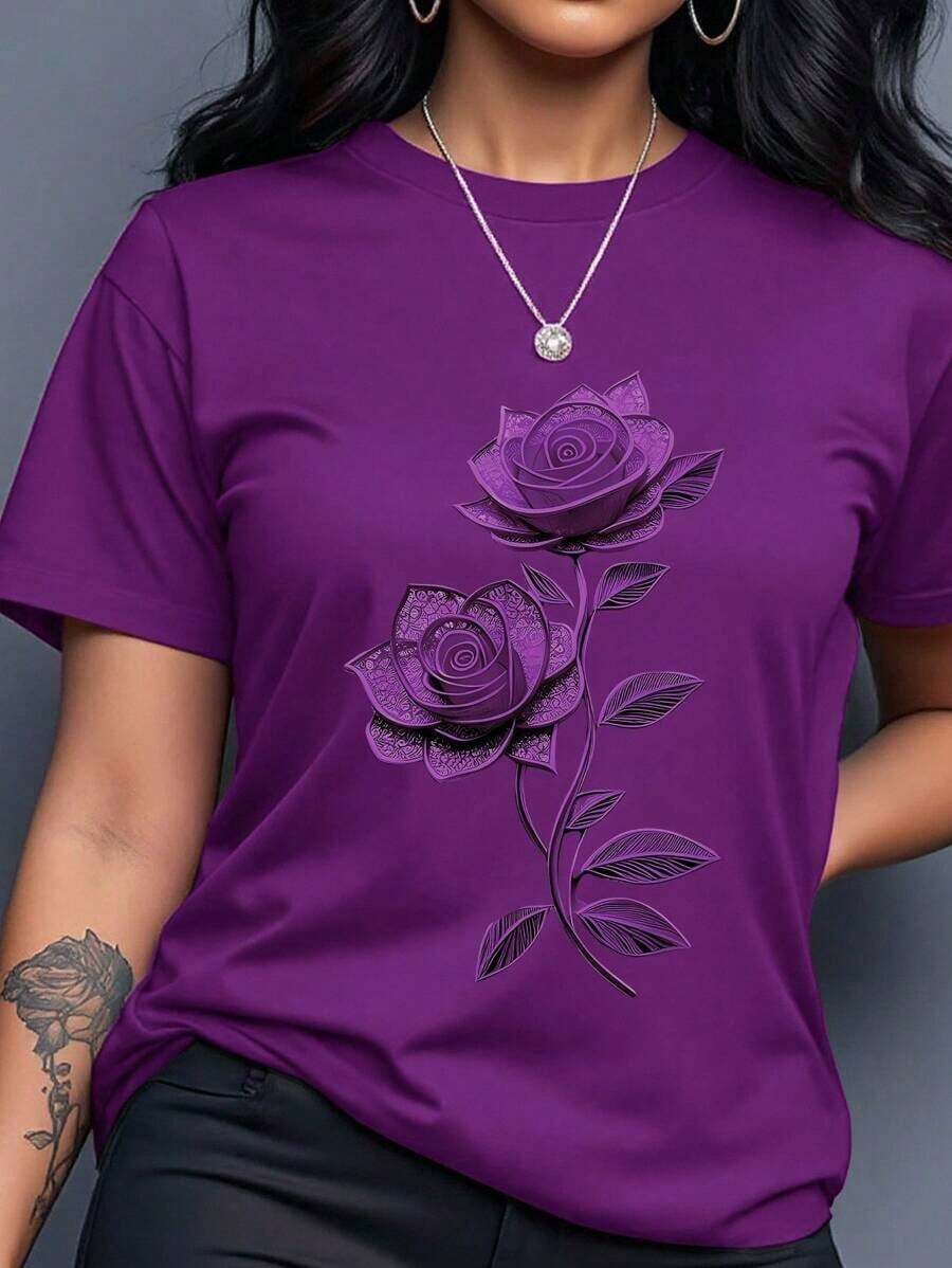 Camiseta casual de mujer con cuello redondo y manga corta con estampado floral - Morado - Ver 1