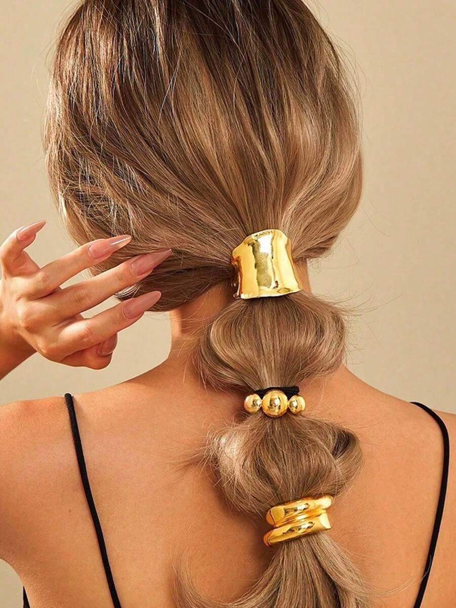 1/3 chiếc dây buộc tóc kim loại bóng bẩy hình học, kẹp tóc đuôi ngựa thanh lịch, phong cách đường phố dành cho nữ. - Nhiều màu - Xem 1