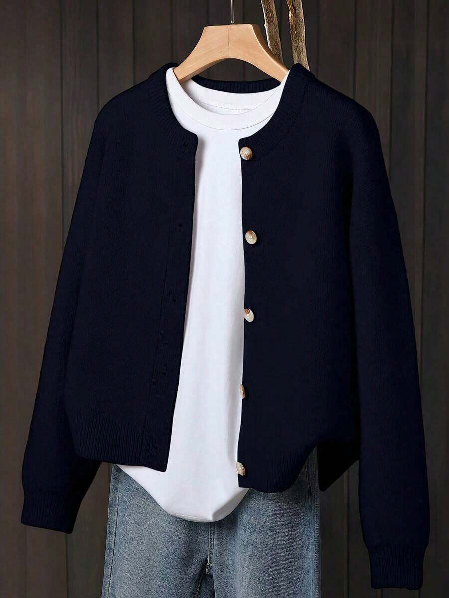Cárdigan beige para mujer, suéter chaqueta de manga larga suave, diseño con botones delanteros, adecuado para uso casual y formal en otoño/invierno, ropa exterior cómoda y gruesa, textura de fibra, ajuste relajado, tela elástica, para uso diario - Negro - Ver 1