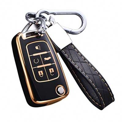 For Chevy Key Fob Cover With Keychain Premium TPU Full Protection Key Fob Case For Equinox Camaro Cruze Malibu  Impala Buick Terrain 5 Buttons Black
