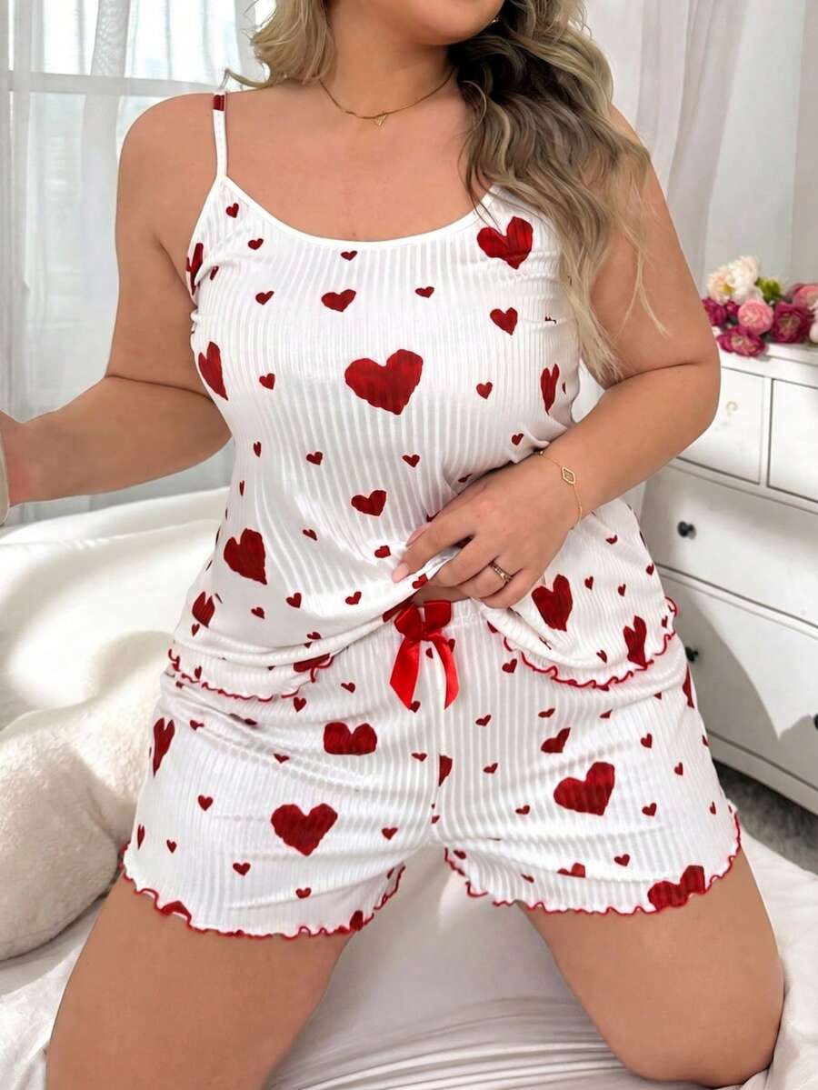 Set Pakaian Santai Kasual Wanita Ukuran Besar: Atasan Camisole Motif Hati dan Celana Pendek Hiasan Pita - MultiWarna - View 1