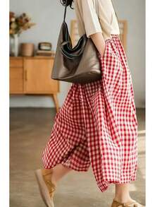 High-Waist New Casual Vacation-Style - Plaid Wide-Leg Pants Skirt, Loose And Elegant Casual Trousers - 紅色 - 查看 3