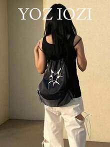 Back To School Korean Style Dark Chain Heart Star Backpack, Suitable For College & High School Students, Casual Drawstring Daypack For Commuting, Outing, Daily Use - Black - View 5
