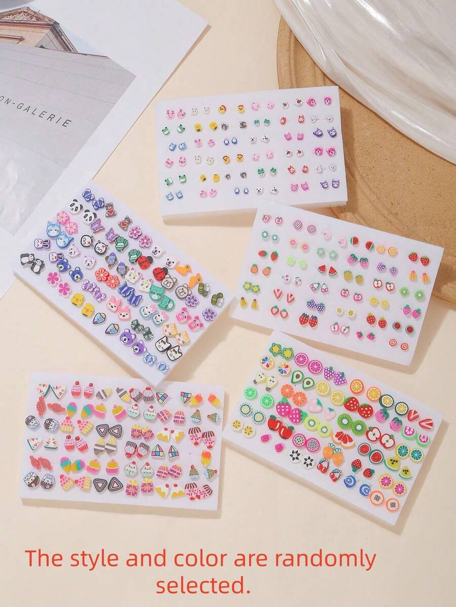 36 Pairs Assorted Fruit Cartoon Soft Clay Plastic Cute Fashion Earrings Set For Girls, Random Color & Style, Everyday Versatile, Soft Clay Plastic Mini Design - Multicolor - View 1