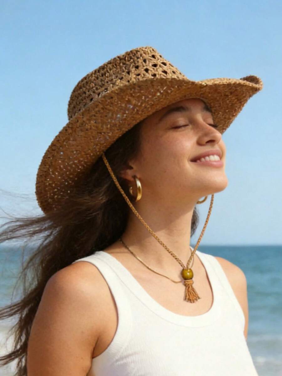 1 chiếc mũ rơm vành rộng rỗng cong kiểu retro unisex, mũ chống nắng dệt thủ công thoáng khí, thích hợp cho du lịch ngoài trời, bãi biển, phong cách cao bồi, phong cách đồng quê, thích hợp cho mọi mùa, quà tặng Ngày của Mẹ, quà tặng Ngày Valentine, thích hợp cho kỳ nghỉ, chụp ảnh, quà tặng cho phụ nữ - mũ rơm rỗng - Xem 1