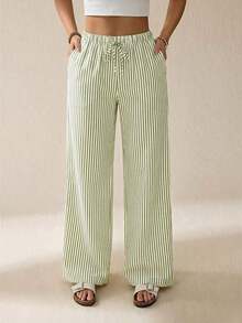 Pantalones largos de rayas con cintura de cordón para uso diario, atuendos de mujer de verano casuales - Verde militar - Ver 3