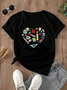 Camisa con estampado de letras para mujer Camiseta casual suelta con estampado gráfico Camiseta de moda casualPure-Cotton - Negro - Ver 7
