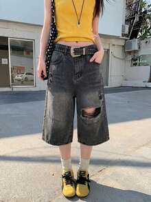 Quần jeans denim ống đứng dáng rộng, rách nhẹ, bạc màu dành cho nữ, thích hợp cho mùa hè. - Xám đậm - Xem 1