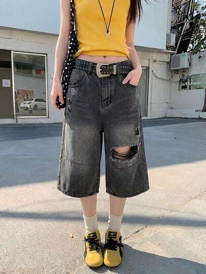 女士夏季做旧宽松直筒水洗牛仔裤