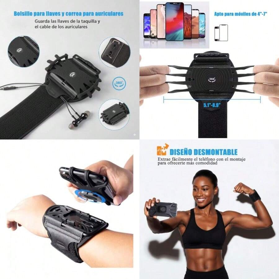 Soporte para teléfono de muñeca, 360°Bandas para Brazo para iPhone 15/14/13/Pro Max/Pro/XR/X/8/7/Plus, se Adapta a Todos los Smartphones de 4-6, 7 Pulgadas, para Running Senderismo - Negro - Ver 1