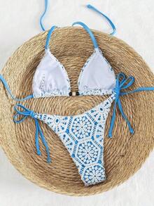 73PC Nuevo conjunto de bikini de 2 piezas de lujo y elegante Swim Vcay, con encaje de ganchillo blanco y triángulo caramelo/marrón. Parte superior de natación con cuello de halter y acentos de cuentas de madera, tanga sexy de corte alto para traje de baño/bañador de verano para playa, piscina, vacaciones, estilo retro Y2K Spice Hot Girl, festival de música, salidas a la tropical y vibraciones modernas - Azul - Ver 1
