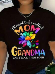Camiseta de manga corta pura de talla grande, estampada con el patrón del Día de la Madre, muy adecuada para tops elásticos casuales de mujer.Es una opción ideal para uso diario en primavera y verano.Es un regalo de cumpleaños para madres y hermanas - Negro - Ver 1