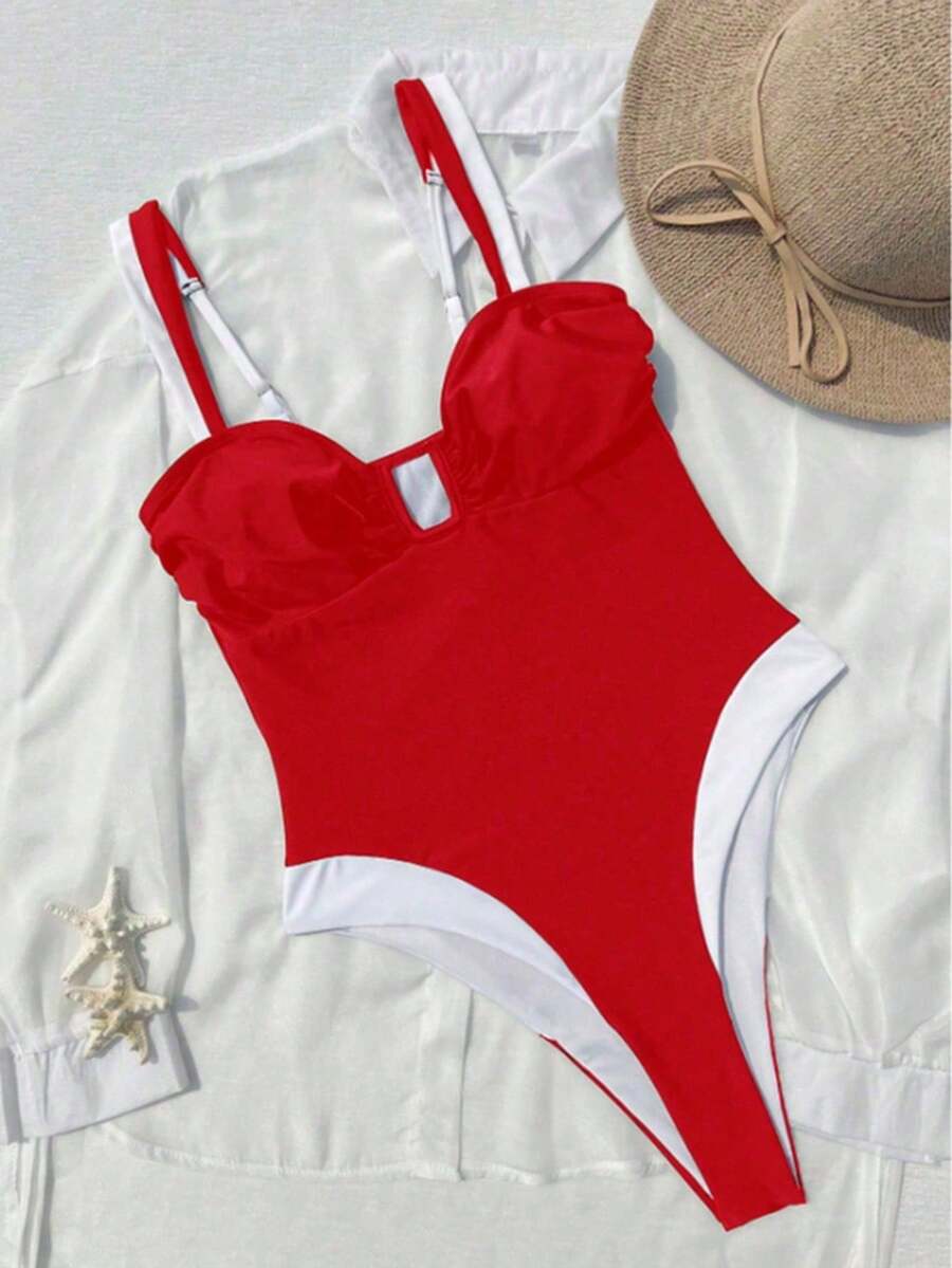 SNLD Traje de baño de una pieza con bloques de color en escote en V para mujer. Esquema de color clásico, diseño minimalista y elegante, ideal para looks de vacaciones a la moda. - Rojo y blanco - Ver 1