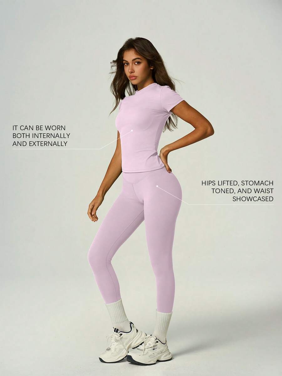 UONNOU Nylon Soft Slim Yoga Set, Wearable Inside And Outside Mock Neck Top & V Waist Tummy Control Butt Lifting Leggings - Pink - View 1
