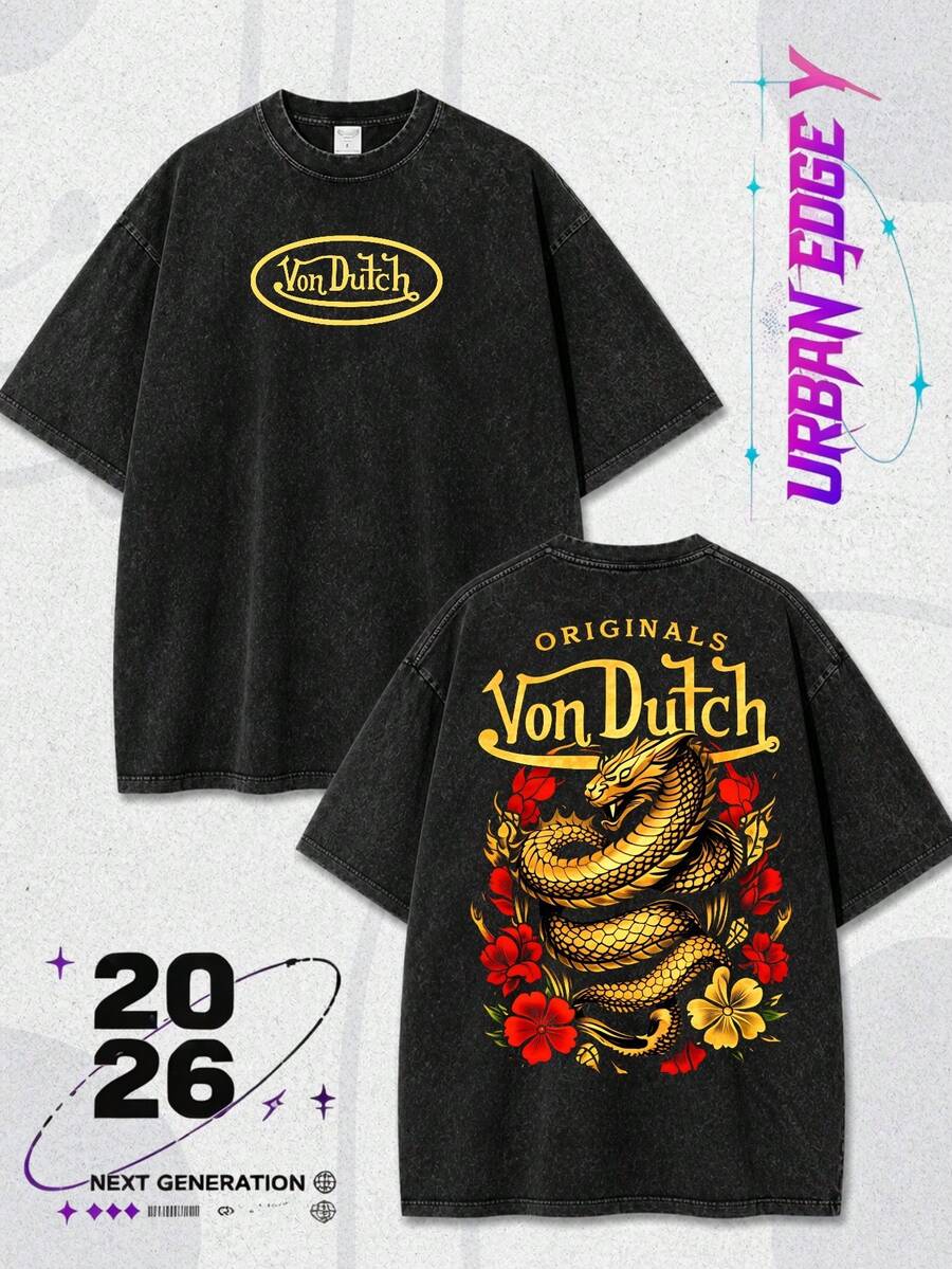 Men Washed Cotton Streetwear Brand Originals Vons Dutchs Snake And Clover Print Casual Tee For Daily Wear Outdoors | Front And Back Print | Vintage Heavyweight T Shirt | Perfect Gift | Loose Comfortable Breathable | Machine Washable Fabric | Hip Hop Cool Style | Drippy Clothes | Y2K - Black - View 1