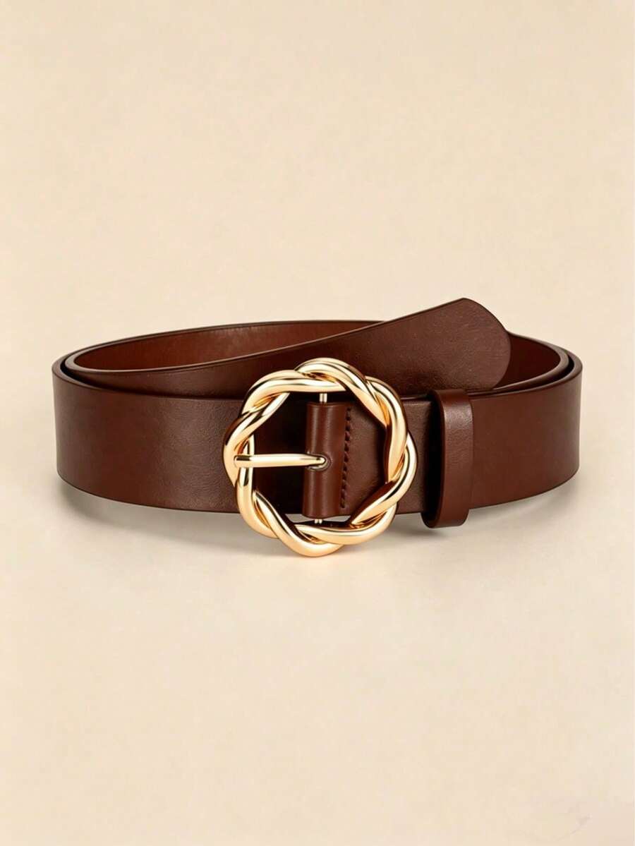 1pc Women's New Twisted Gold Round Buckle Belt, Fashion Versatile Daily Wear Accessory - Coffee Brown - View 1