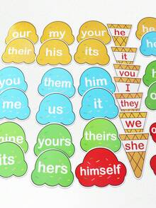 hoojojo 29Pcs Ice Cream Pronoun Matching Cards, Erasable Reusable Paper Flash Cards Grammar Word Recognition Cognitive Learning Game Props Interactive Study Supplies Stationery Reward Game Back To School Activity - Multicolor - View 10
