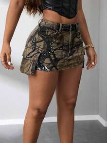 American Camouflage Cargo A-Line Denim Mini Skirt, Slim Fit Sexy Lady Spring/Autumn - Multicolor - Ver 5