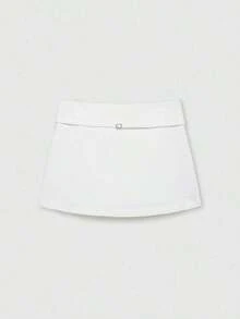 Falda pantalón negra de unicolor minimalista para uso casual, oficina y viajes, con hebilla y cinturón, para verano - Blanco - Ver 1