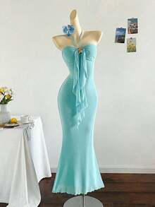 2026 Women's Romantic Gradient Mesh Knit Holiday Dress With Halter Neck, Bow And Decorative Metal Buckle, Mermaid Cut, Suitable For Parties, Dates, Afternoon Tea, Sexy And Elegant - 銅色 - 查看 12